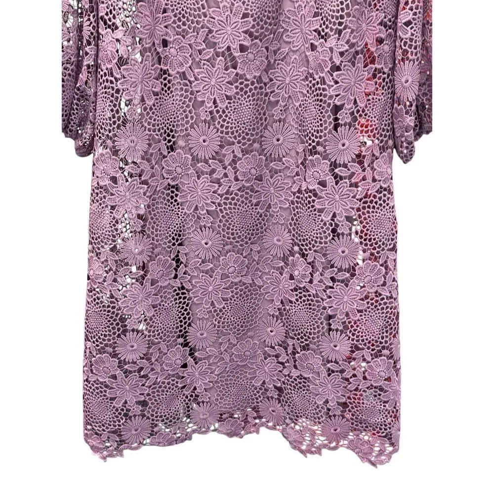 Johnny Was Lorrie Purple Crochet Lace Mini Dress Puff Sleeves Size Medium